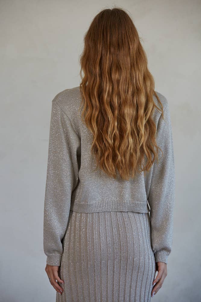 Lurex Surplice Snap Buttons V-Neck Long Sleeve Cardi