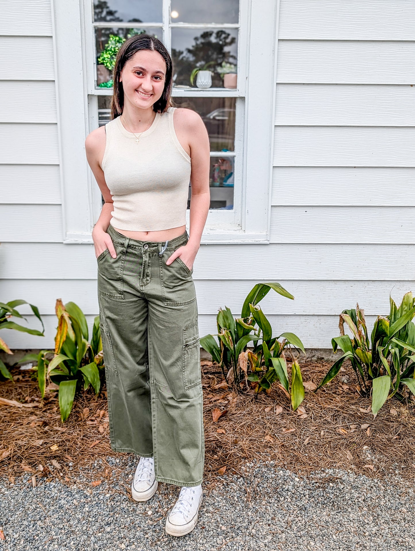 Green High Rise Multi Bag Straight Pants