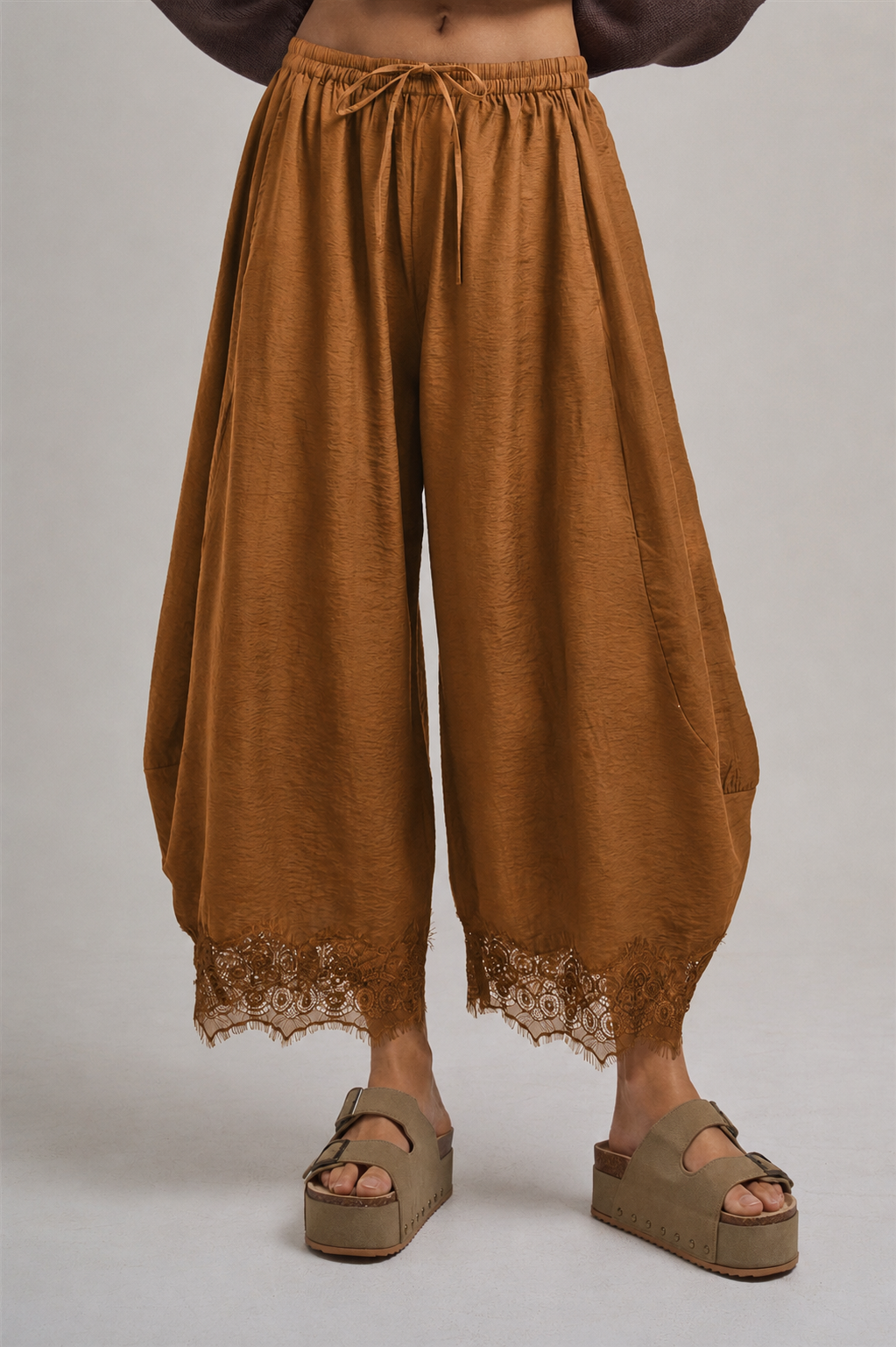 LIGHTWEIGHT FLOWY WIDE BALLOON LEG PANTS WITH DELICATE LACE