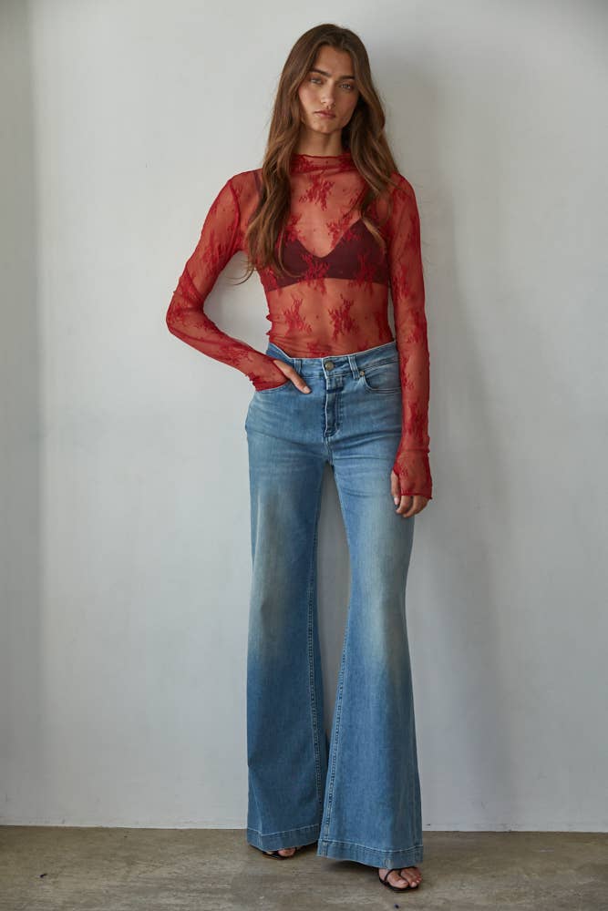 Knit Jacquard Lace Long Sleeve Mock Neck Top