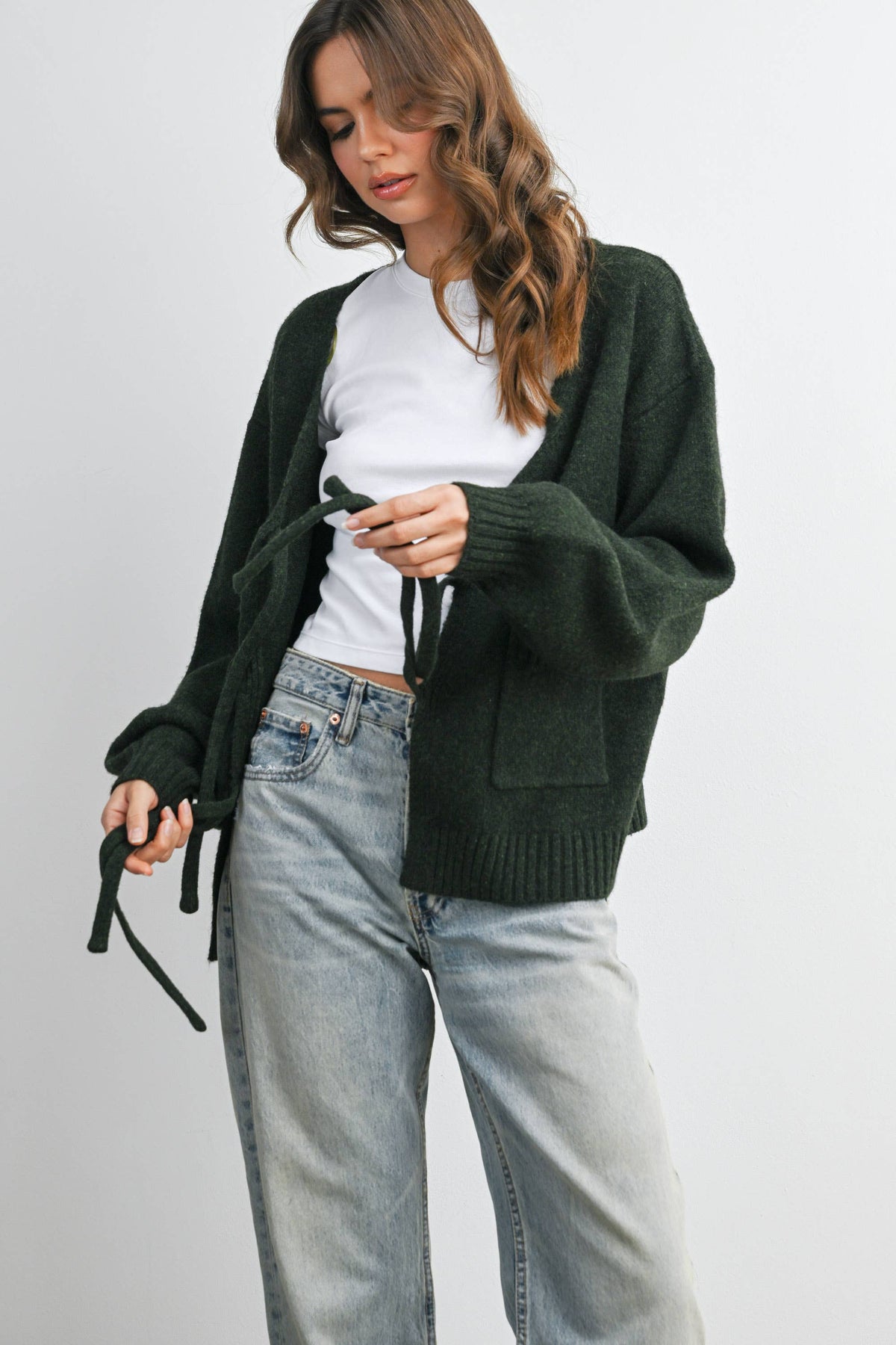 Knot Front Long Sleeve V-Neck Cardigan