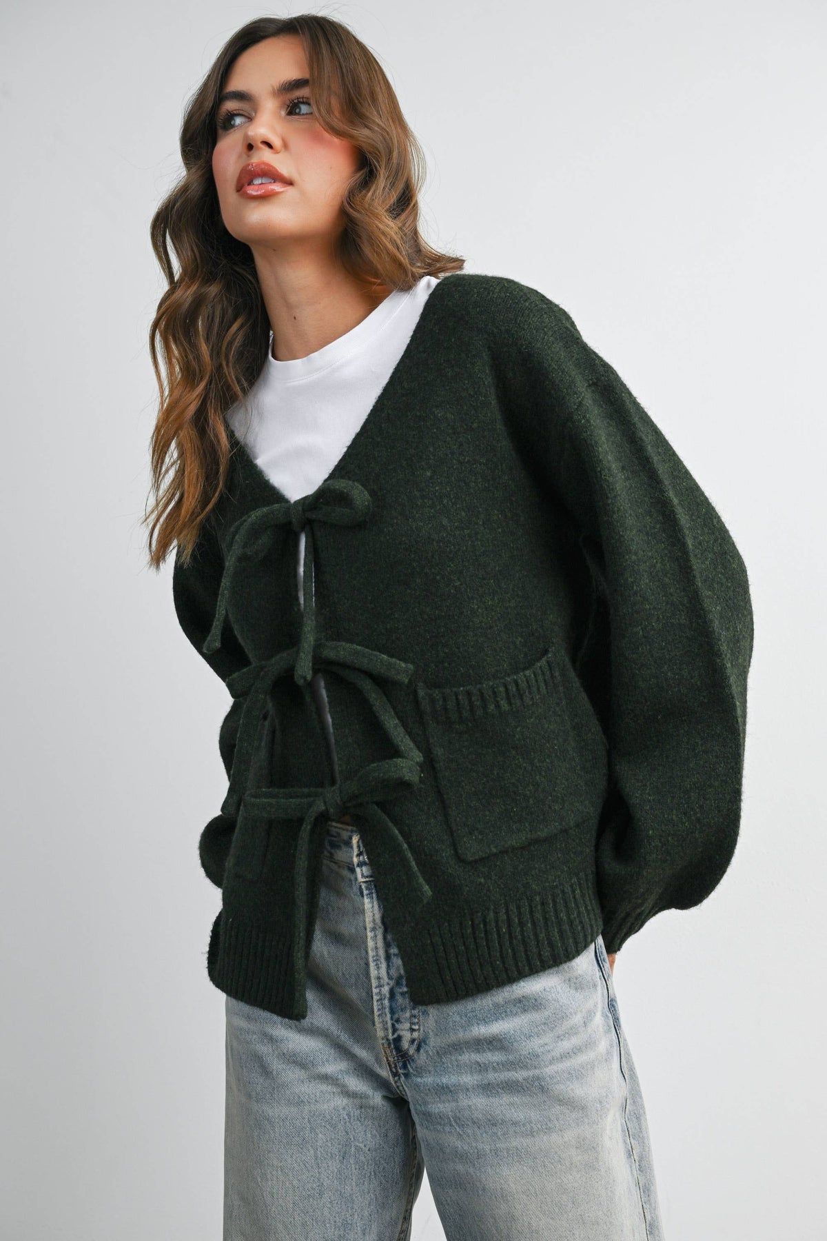 Knot Front Long Sleeve V-Neck Cardigan