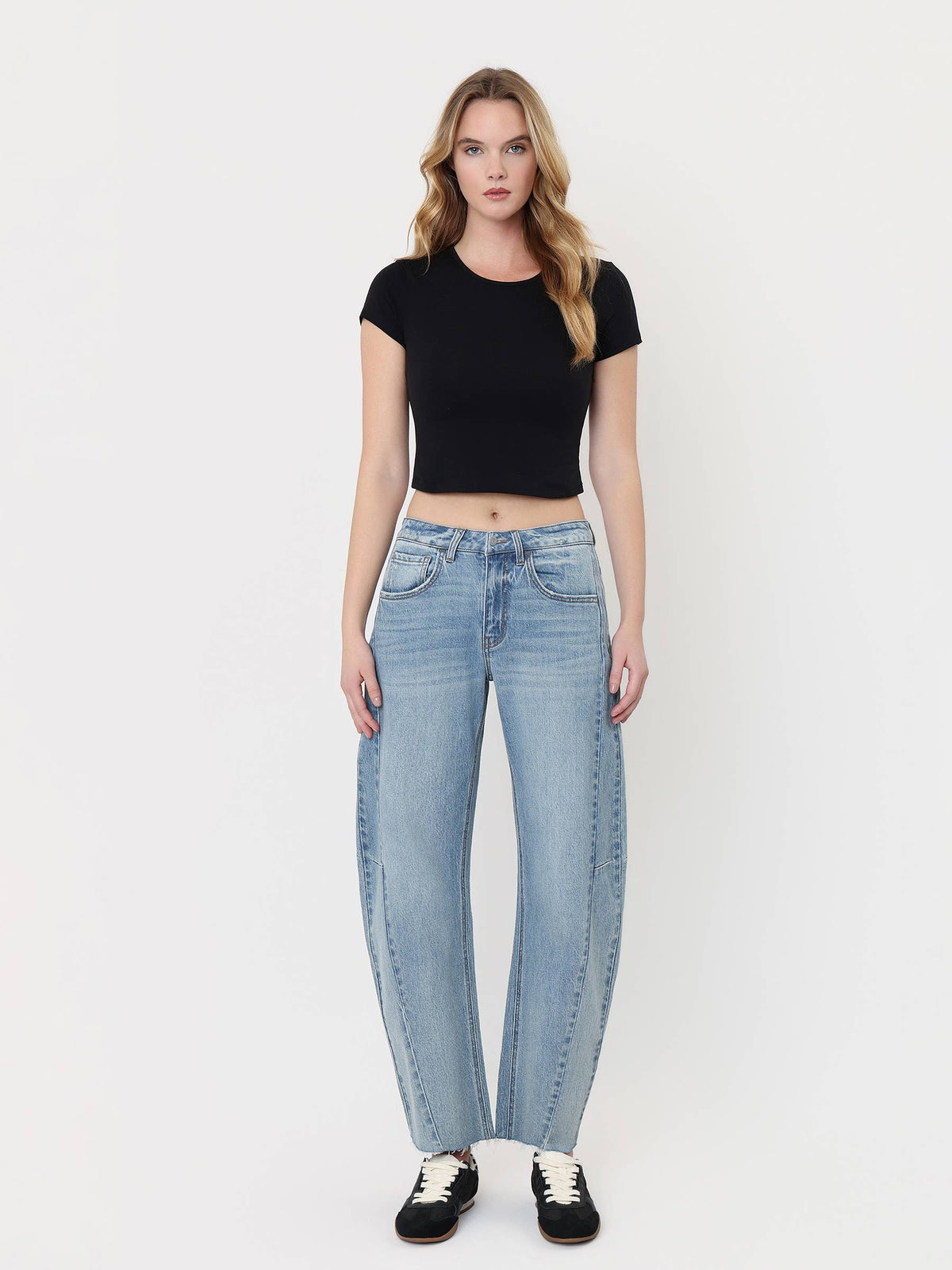 High Rise Raw Hem Paneied Seams Barrel Jeans
