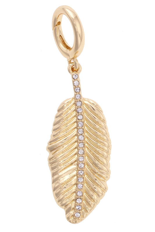 Rhinestone Feather Pendant Charm in Shiny Gold