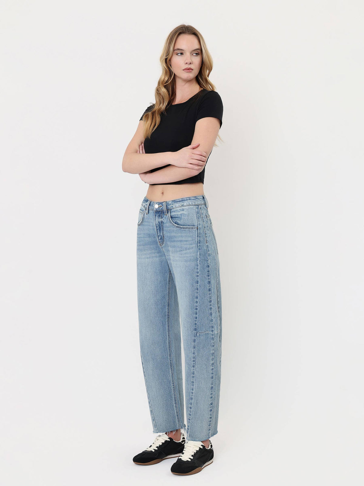 High Rise Raw Hem Paneied Seams Barrel Jeans