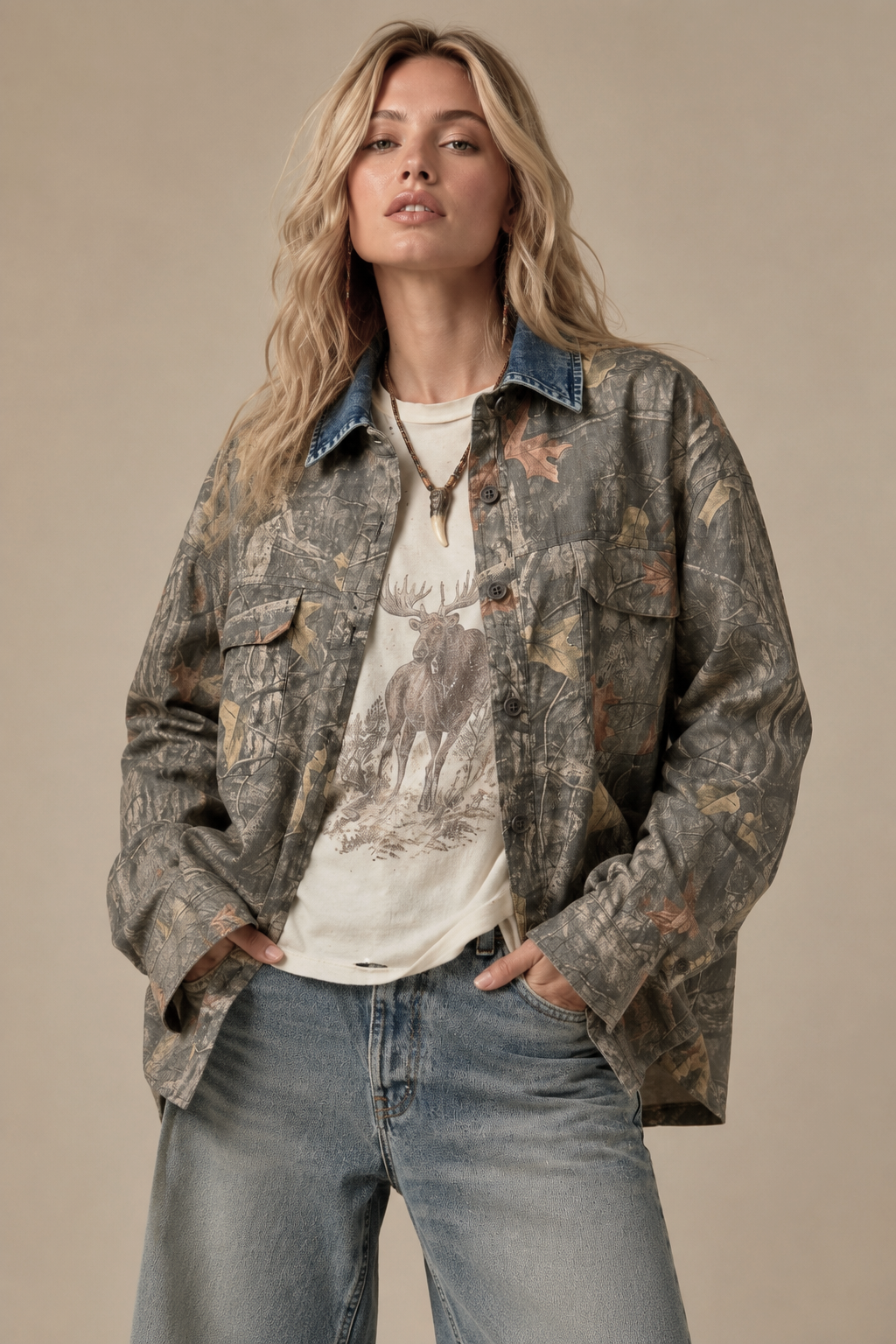 Denim Collar Camo Shacket