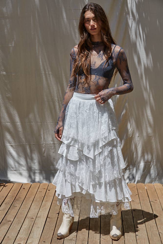 Knit Jacquard Lace Long Sleeve Mock Neck Top