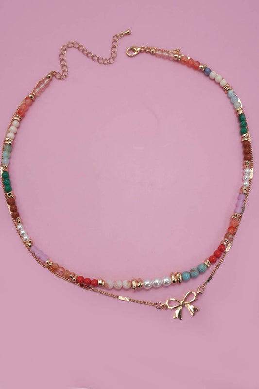 Multi Beaded Double Layered Bow Charm Necklace