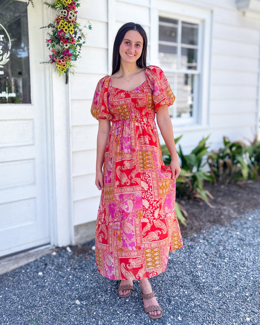 Mediterranean Majesty Puff Sleeve Maxi Dress