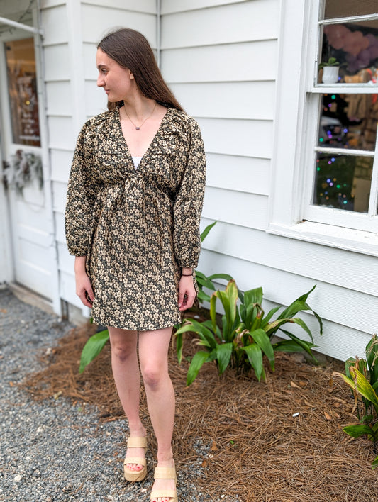 *FINAL SALE* Gold Daisy Jacquard Puff Sleeve Dress