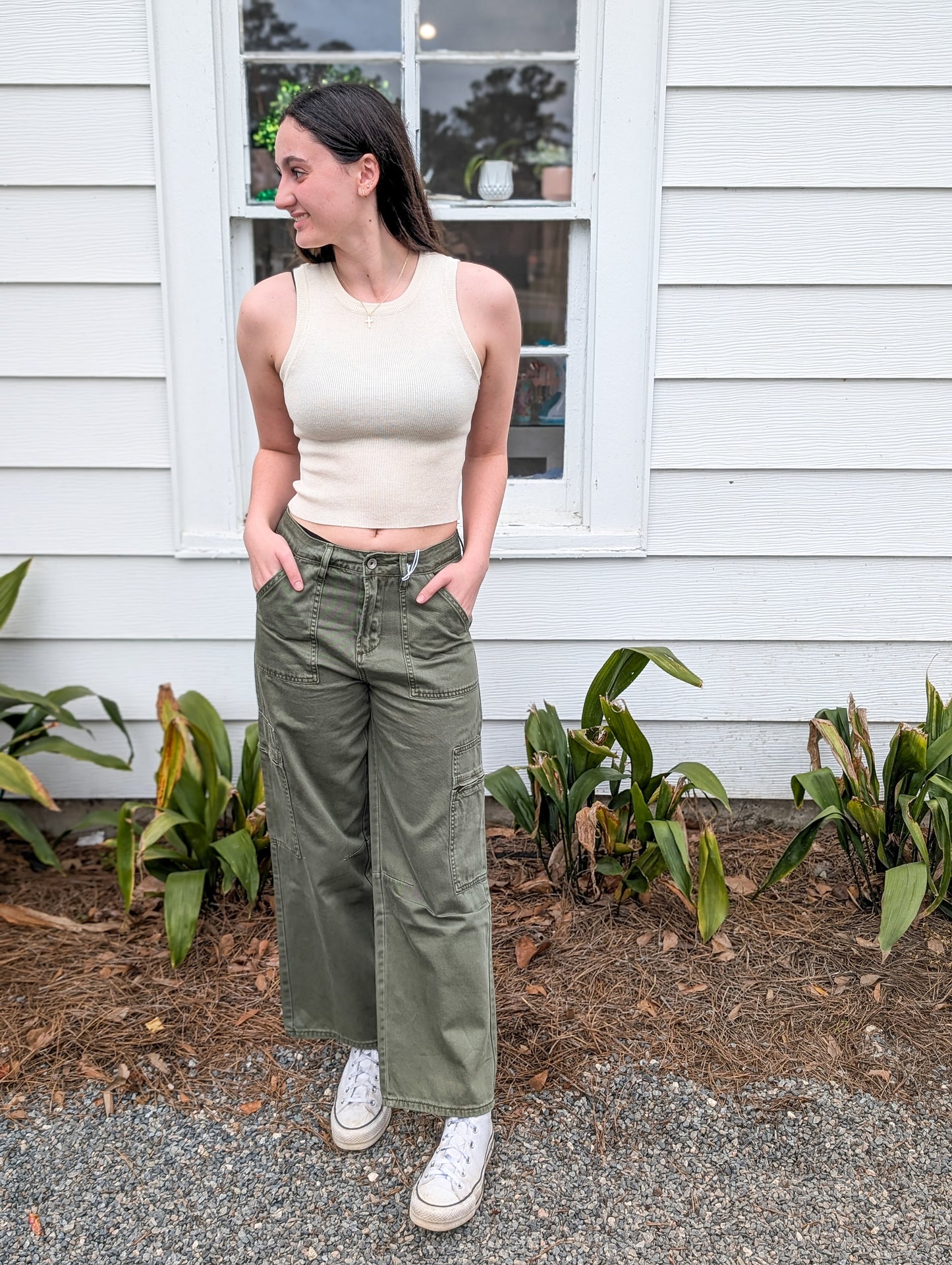 Green High Rise Multi Bag Straight Pants