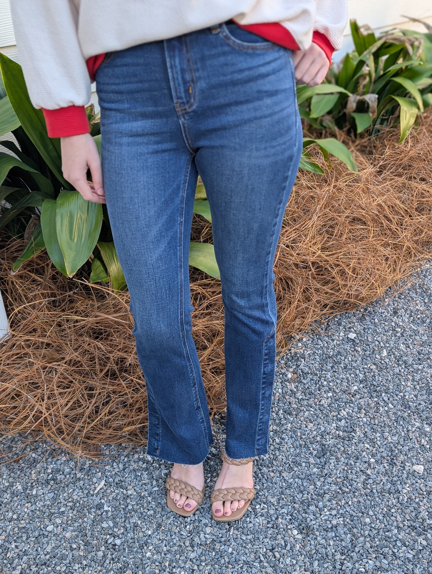 Lunna High Rise Bootcut Denim Jeans Featuring Button Seam