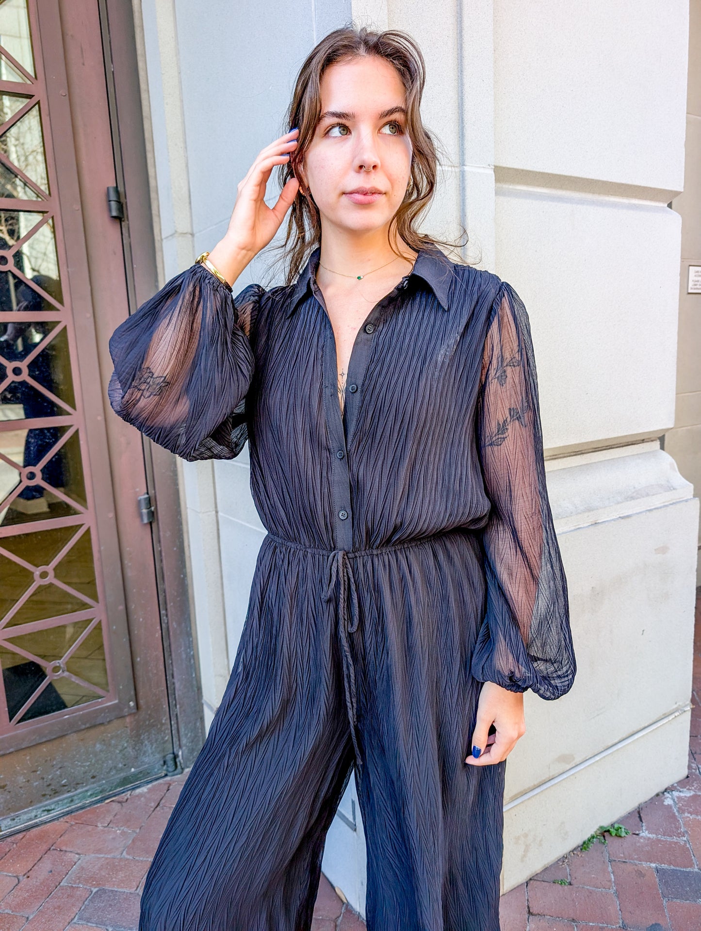 Gathering Button Up Jumpsuit