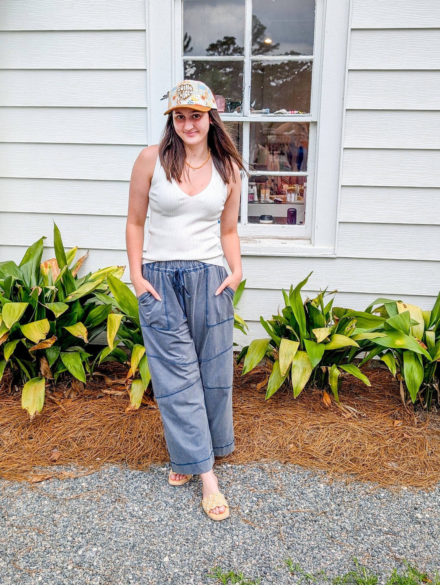Exposed Seam Blue Mineral Wash Draw String Pants