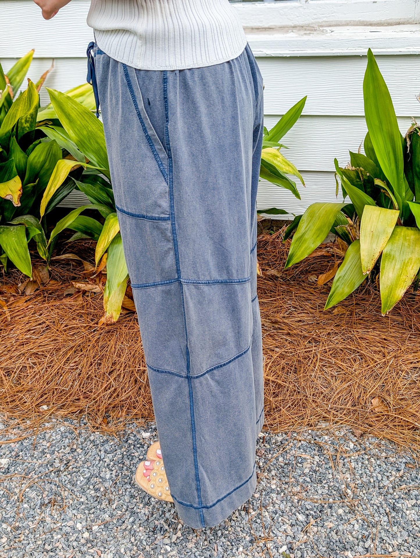 Exposed Seam Blue Mineral Wash Draw String Pants