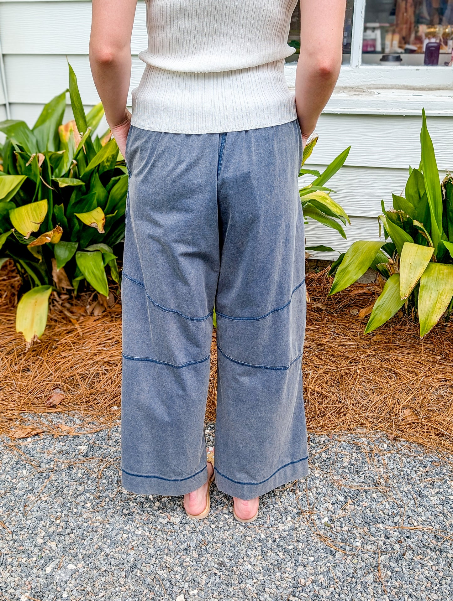 Exposed Seam Blue Mineral Wash Draw String Pants