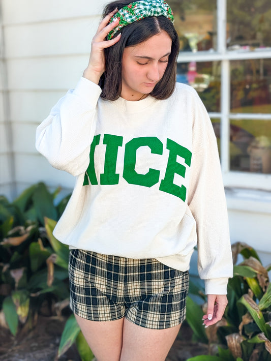 “Nice” Cloudy Knit Long Sleeve Graphic Tee