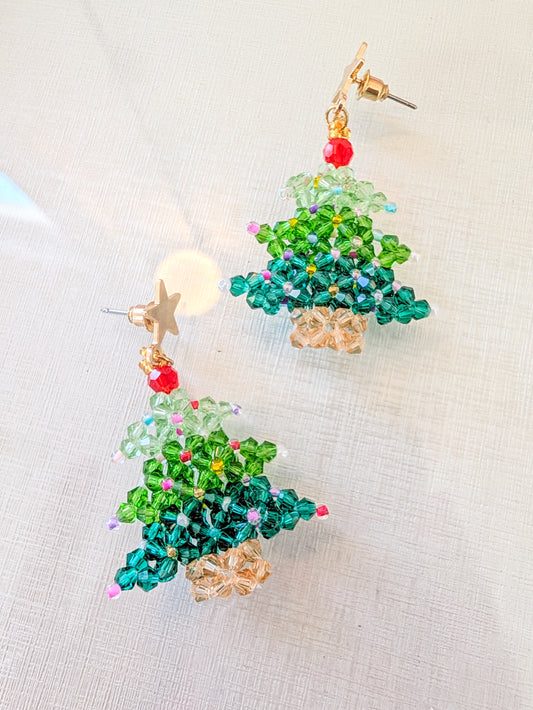 Green Beaded Christmas Tree Earrings