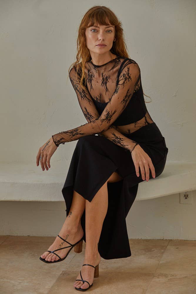 Knit Jacquard Lace Long Sleeve Mock Neck Top