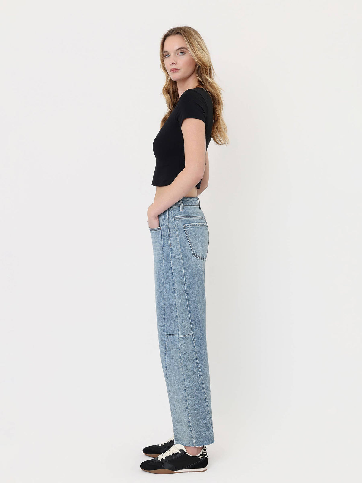 High Rise Raw Hem Paneied Seams Barrel Jeans